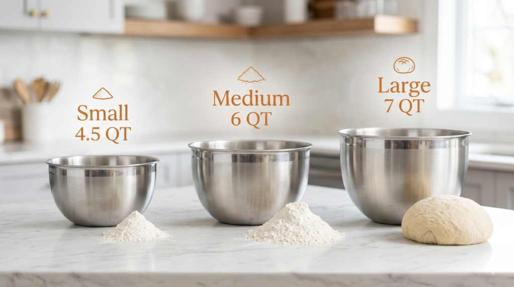 Comparison of stand mixer bowl sizes 4.5 QT, 6 QT, and 7 QT with flour and dough samples on a marble countertop.