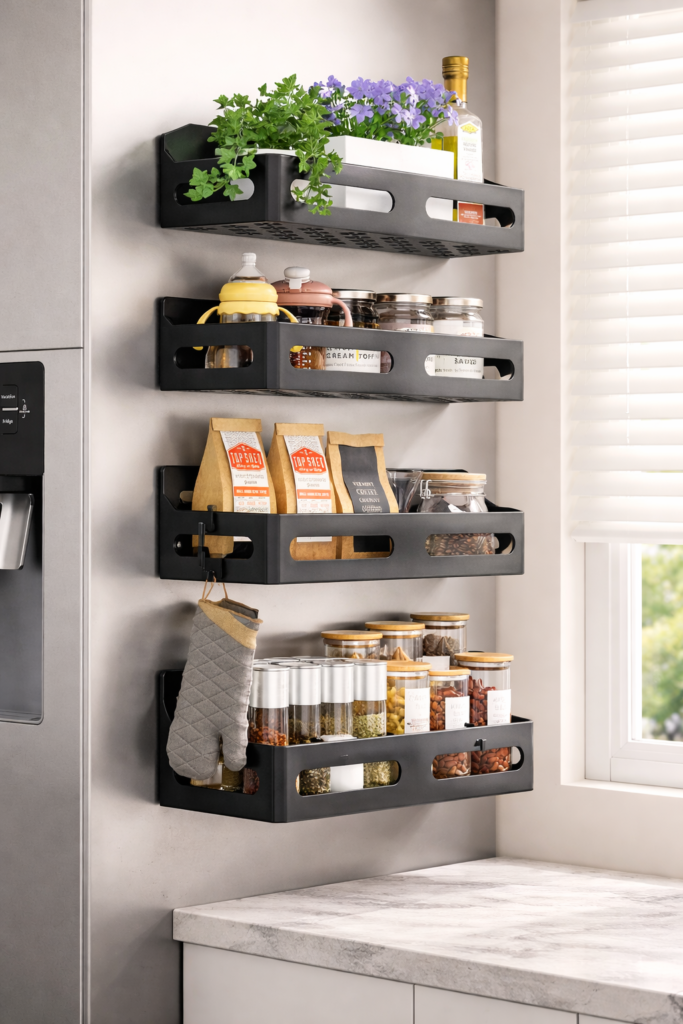 Sevenblue magnetic spice rack organizer mounted on the side of a stainless steel refrigerator, filled with glass jars and oil bottles.