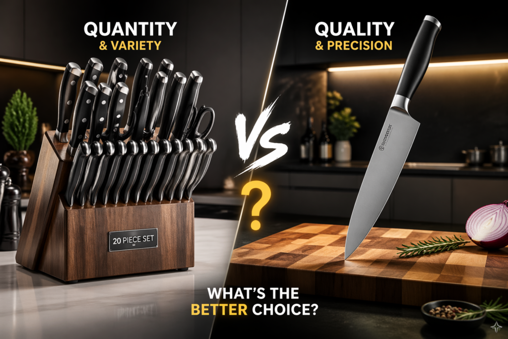 "Comparison between a full kitchen knife set in a wooden block versus a single professional chef's knife on a cutting board, highlighting quantity vs. quality."