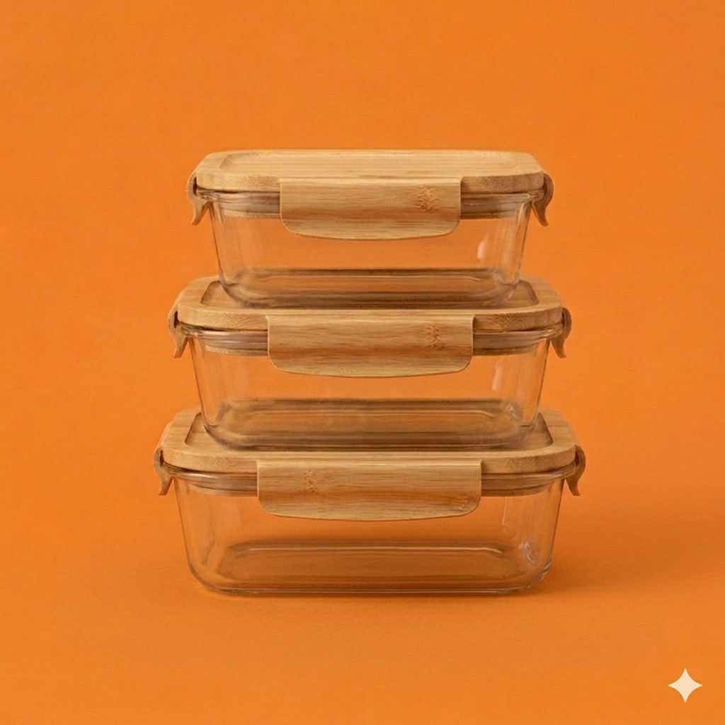 "A stack of three glass food storage containers with bamboo lids on a solid orange background, square aspect ratio."