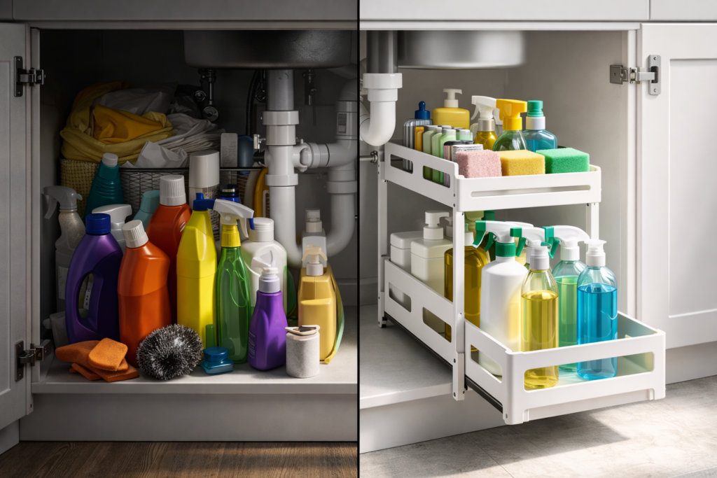 "Before and after under sink cabinet organization showing messy storage on the left and a clean setup with a 2-tier sliding under sink organizer on the right, with neatly arranged cleaning bottles around plumbing."