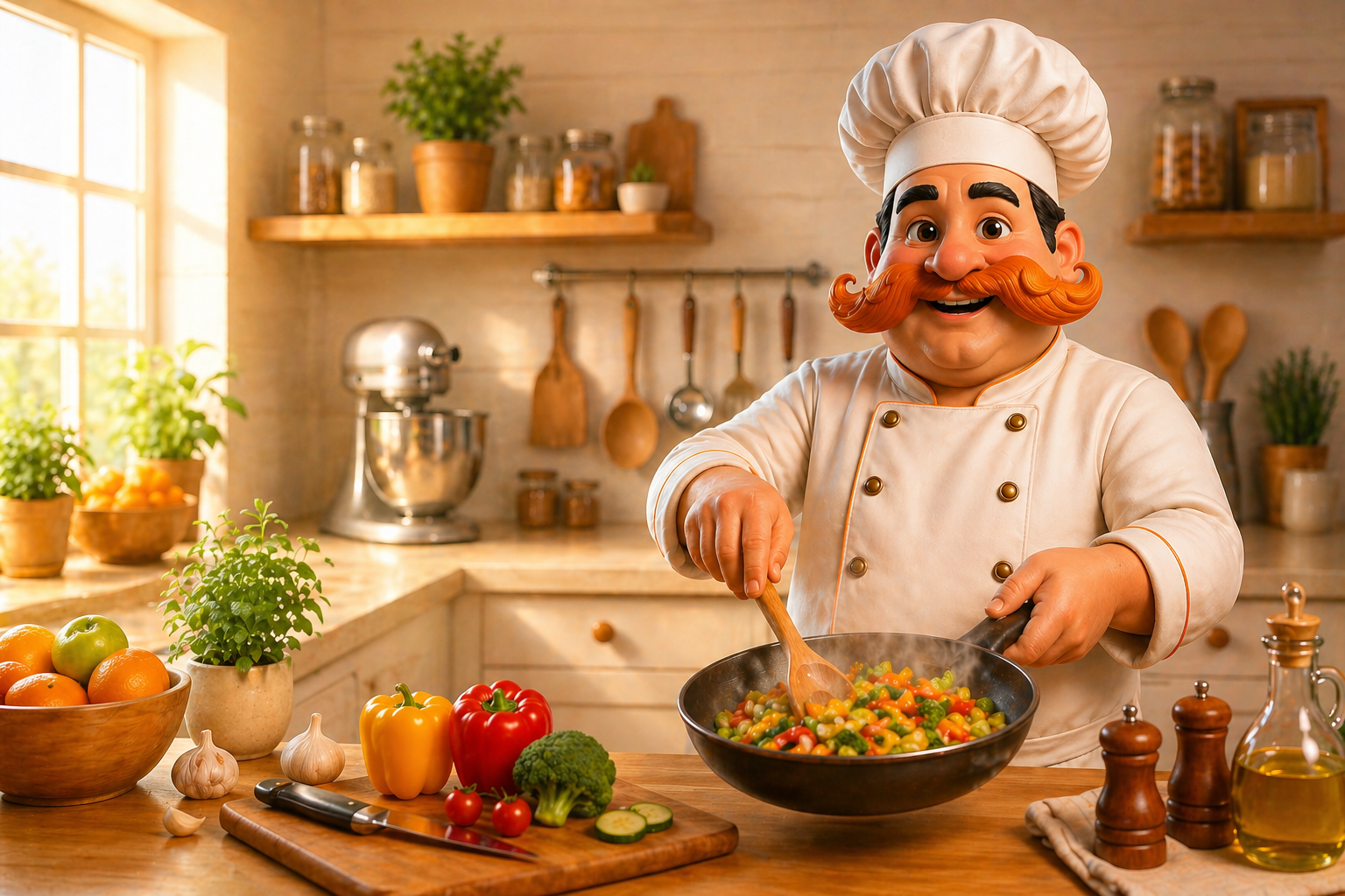 Chef Kristofor cooking fresh vegetables in a premium non-stick frying pan