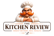 "The Review Kitchen Official Logo featuring Chef Kristofer - Expert Culinary Equipment Reviews"